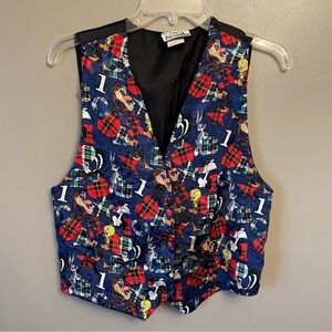 Vintage 1994 Looney Tunes Character Plaid Print Suit Vest Waistcoat Small Medium